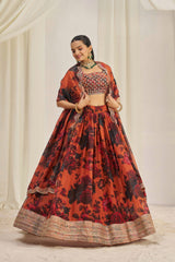 Orange Floral Printed Organza Lehenga Set with Zari, Dori & Sequin Work | Semi-Stitched Lehenga | Unstitched Blouse