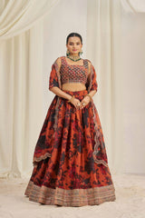 Orange Floral Printed Organza Lehenga Set with Zari, Dori & Sequin Work | Semi-Stitched Lehenga | Unstitched Blouse