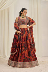 Orange Floral Printed Organza Lehenga Set with Zari, Dori & Sequin Work | Semi-Stitched Lehenga | Unstitched Blouse