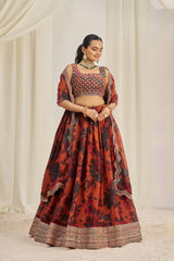 Orange Floral Printed Organza Lehenga Set with Zari, Dori & Sequin Work | Semi-Stitched Lehenga | Unstitched Blouse