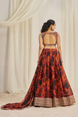 Orange Floral Printed Organza Lehenga Set with Zari, Dori & Sequin Work | Semi-Stitched Lehenga | Unstitched Blouse
