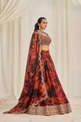Orange Floral Printed Organza Lehenga Set with Zari, Dori & Sequin Work | Semi-Stitched Lehenga | Unstitched Blouse