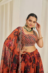 Orange Floral Printed Organza Lehenga Set with Zari, Dori & Sequin Work | Semi-Stitched Lehenga | Unstitched Blouse
