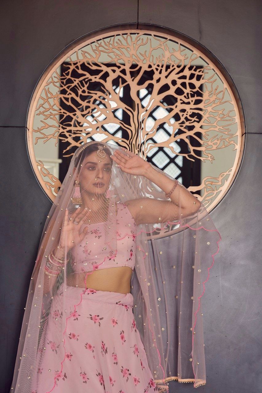 Peach Georgette Lehenga with Printed & Mukesh Work | Ethnic Elegance