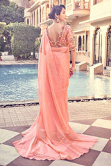 Peach Pink Organza Saree with Zari, Thread & Sequin Embroidery | Unstitched Blouse