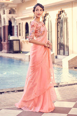 Peach Pink Organza Saree with Zari, Thread & Sequin Embroidery | Unstitched Blouse
