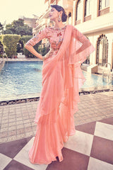 Peach Pink Organza Saree with Zari, Thread & Sequin Embroidery | Unstitched Blouse