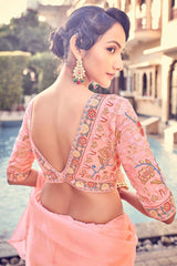 Peach Pink Organza Saree with Zari, Thread & Sequin Embroidery | Unstitched Blouse