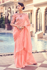 Peach Pink Organza Saree with Zari, Thread & Sequin Embroidery | Unstitched Blouse