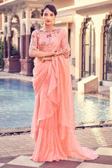 Peach Pink Organza Saree with Zari, Thread & Sequin Embroidery | Unstitched Blouse