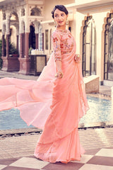 Peach Pink Organza Saree with Zari, Thread & Sequin Embroidery | Unstitched Blouse