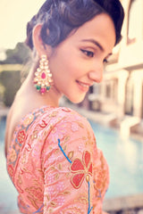 Peach Pink Organza Saree with Zari, Thread & Sequin Embroidery | Unstitched Blouse