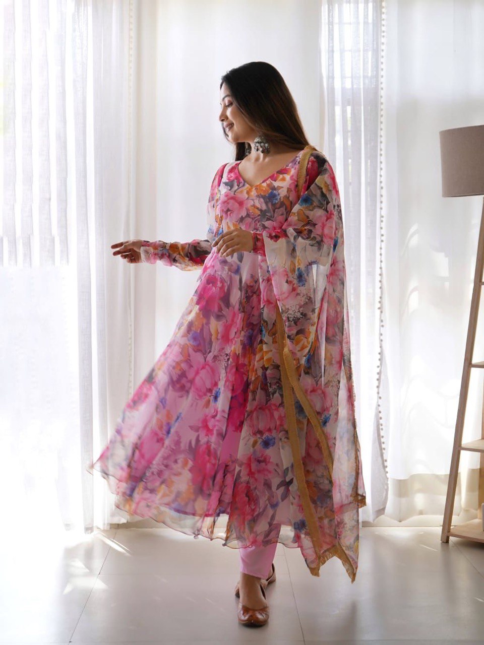 Multi coloured  Fancy Digital Printed Georgette Silk Multi Colour Anarkali Gown