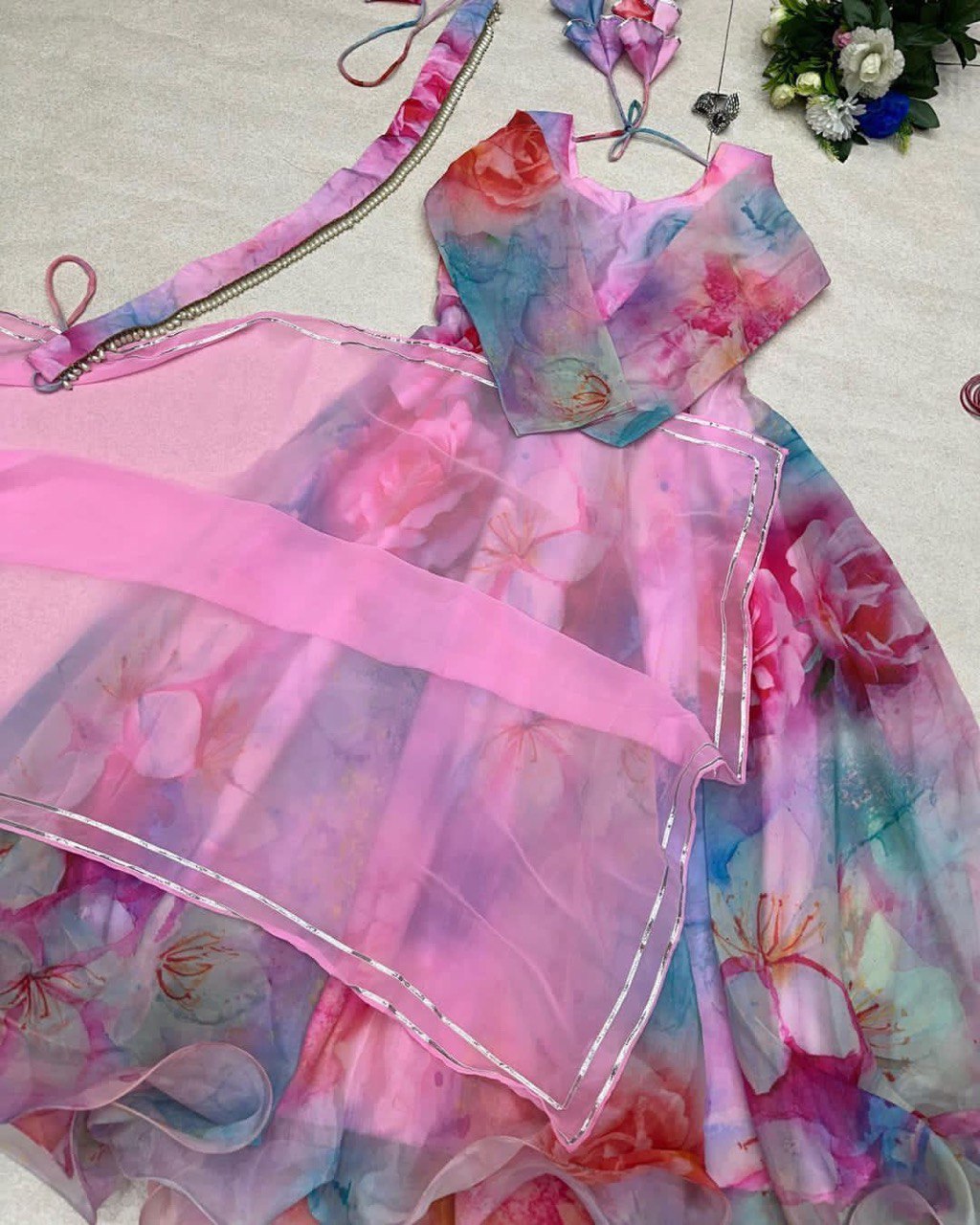 Baby pink premium digital printed  Organza Silk With Multi Colour Gown