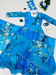 Wedding wear blue digital printed jimmy organza silk suit