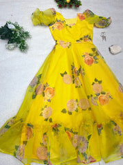 Organza Silk Yellow Colour Digital flower Printed Gown