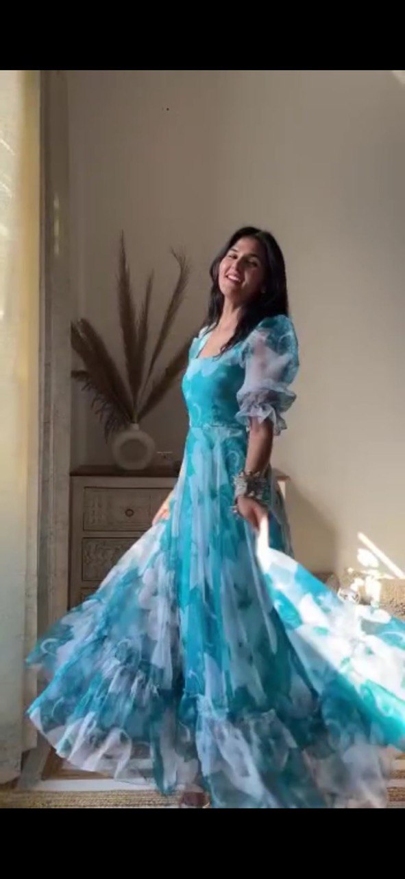 Trendy organza silk sky blue color digital printed gown