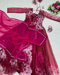 Casual Wear Purple Digital Printed Organza Gown With Dupatta