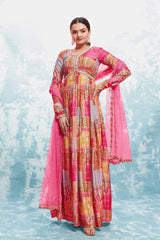 Pink Digital Printed Cotton Gown with Net Dupatta | Ready to Wear | Sizes XS-XXL
