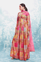 Pink Digital Printed Cotton Gown with Net Dupatta | Ready to Wear | Sizes XS-XXL