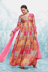 Pink Digital Printed Cotton Gown with Net Dupatta | Ready to Wear | Sizes XS-XXL