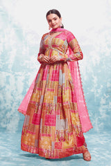 Pink Digital Printed Cotton Gown with Net Dupatta | Ready to Wear | Sizes XS-XXL