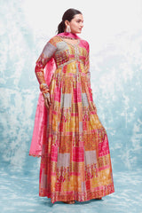 Pink Digital Printed Cotton Gown with Net Dupatta | Ready to Wear | Sizes XS-XXL