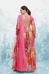 Pink Digital Printed Cotton Gown with Net Dupatta | Ready to Wear | Sizes XS-XXL