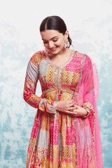 Pink Digital Printed Cotton Gown with Net Dupatta | Ready to Wear | Sizes XS-XXL