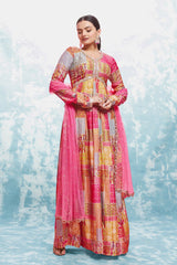 Pink Digital Printed Cotton Gown with Net Dupatta | Ready to Wear | Sizes XS-XXL