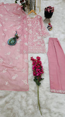 Pink Embroidered Fox Georgette Top, Pant & Dupatta Set