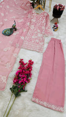 Pink Embroidered Fox Georgette Top, Pant & Dupatta Set