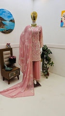 Pink Embroidered Fox Georgette Top, Pant & Dupatta Set