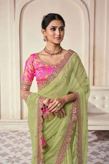 Green Embroidered Organza Blouse Fabric with Sequin Work | Unstitched | Customizable Design