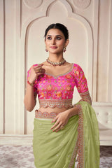 Green Embroidered Organza Blouse Fabric with Sequin Work | Unstitched | Customizable Design