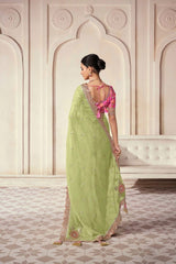 Green Embroidered Organza Blouse Fabric with Sequin Work | Unstitched | Customizable Design