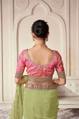 Green Embroidered Organza Blouse Fabric with Sequin Work | Unstitched | Customizable Design