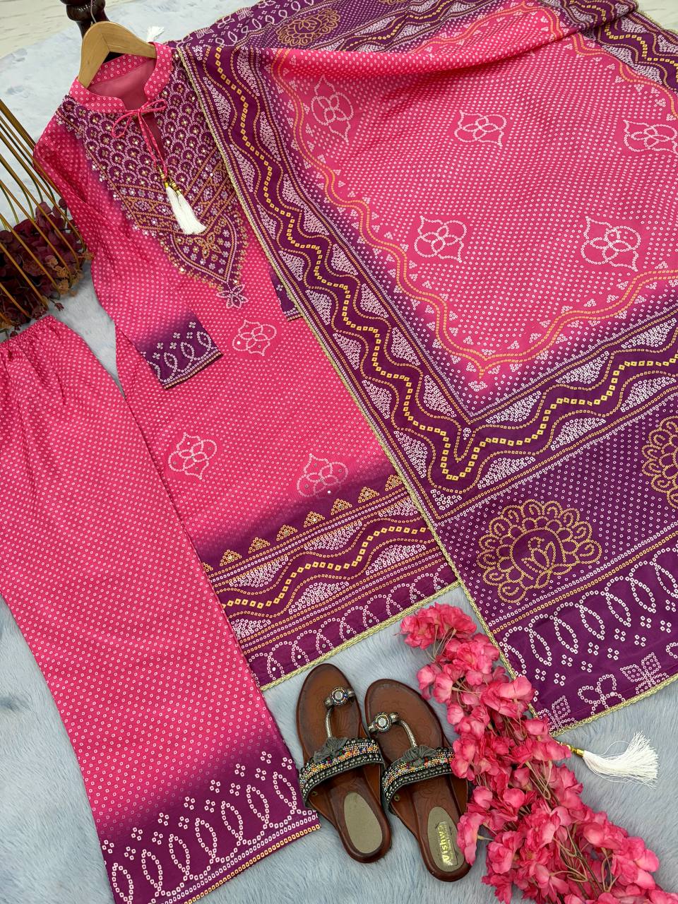 Purple Elegant Designer Party Wear Pur Chinon Silk Top, Plazzo & Dupatta Set