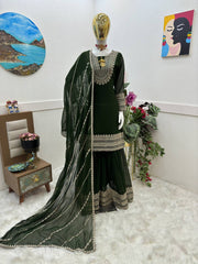 Radiant Green Designer Party Top, Palazzo & Dupatta Set – Fox Georgette with Sequin Embroidery