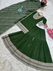 Radiant Green Designer Party Top, Palazzo & Dupatta Set – Fox Georgette with Sequin Embroidery