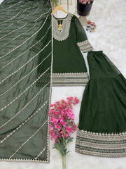 Radiant Green Designer Party Top, Palazzo & Dupatta Set – Fox Georgette with Sequin Embroidery