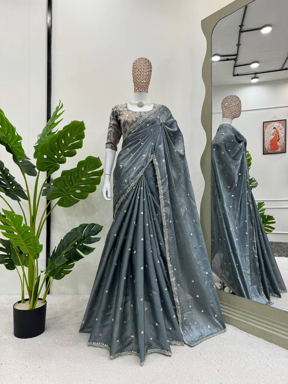 Radiant Grey Designer Saree with Thread & Sequin Work