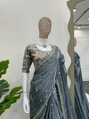 Radiant Grey Designer Saree with Thread & Sequin Work