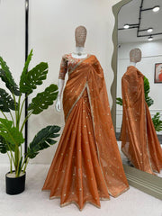 Radiant Orange Designer Saree with Thread & Sequin Work