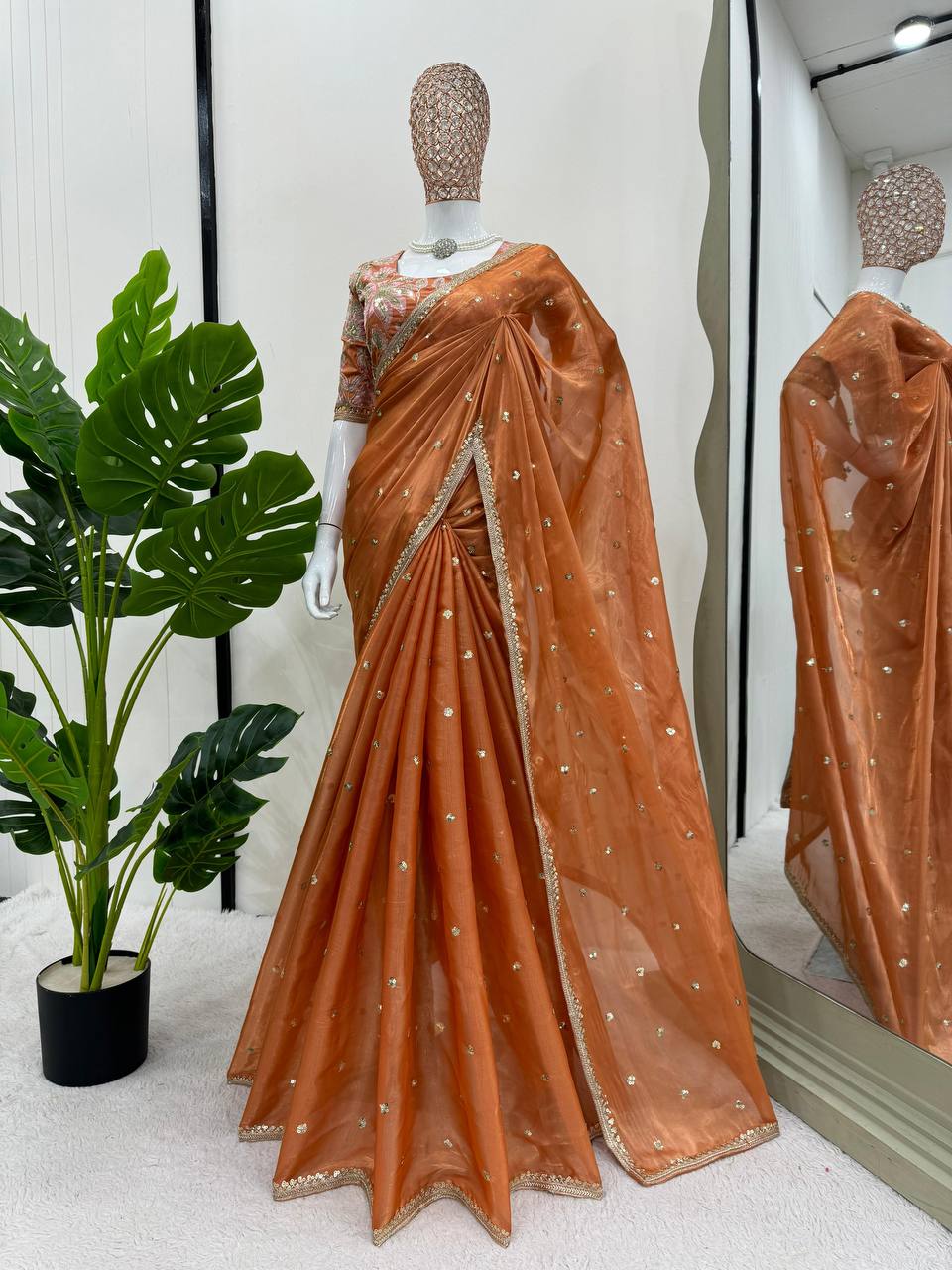 Radiant Orange Designer Saree with Thread & Sequin Work
