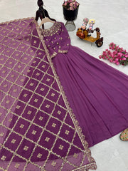 Radiant Purple Fox Georgette Sequin Embroidered Gown with Dupatta