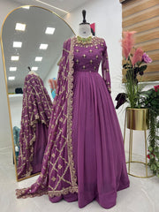 Radiant Purple Fox Georgette Sequin Embroidered Gown with Dupatta