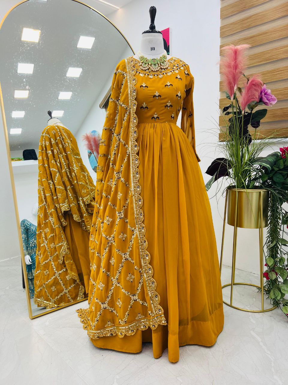 Radiant Yellow Fox Georgette Sequin Embroidered Gown with Dupatta