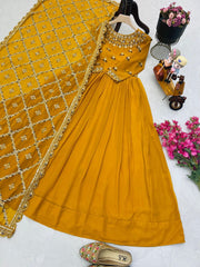 Radiant Yellow Fox Georgette Sequin Embroidered Gown with Dupatta