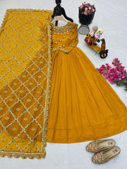 Radiant Yellow Fox Georgette Sequin Embroidered Gown with Dupatta